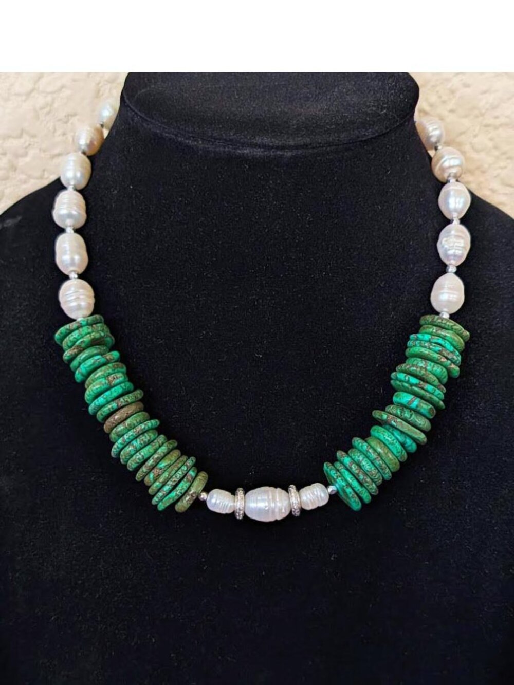 Southwestern Turquoise Blue & White Pearl Beaded Statement Strand Necklace